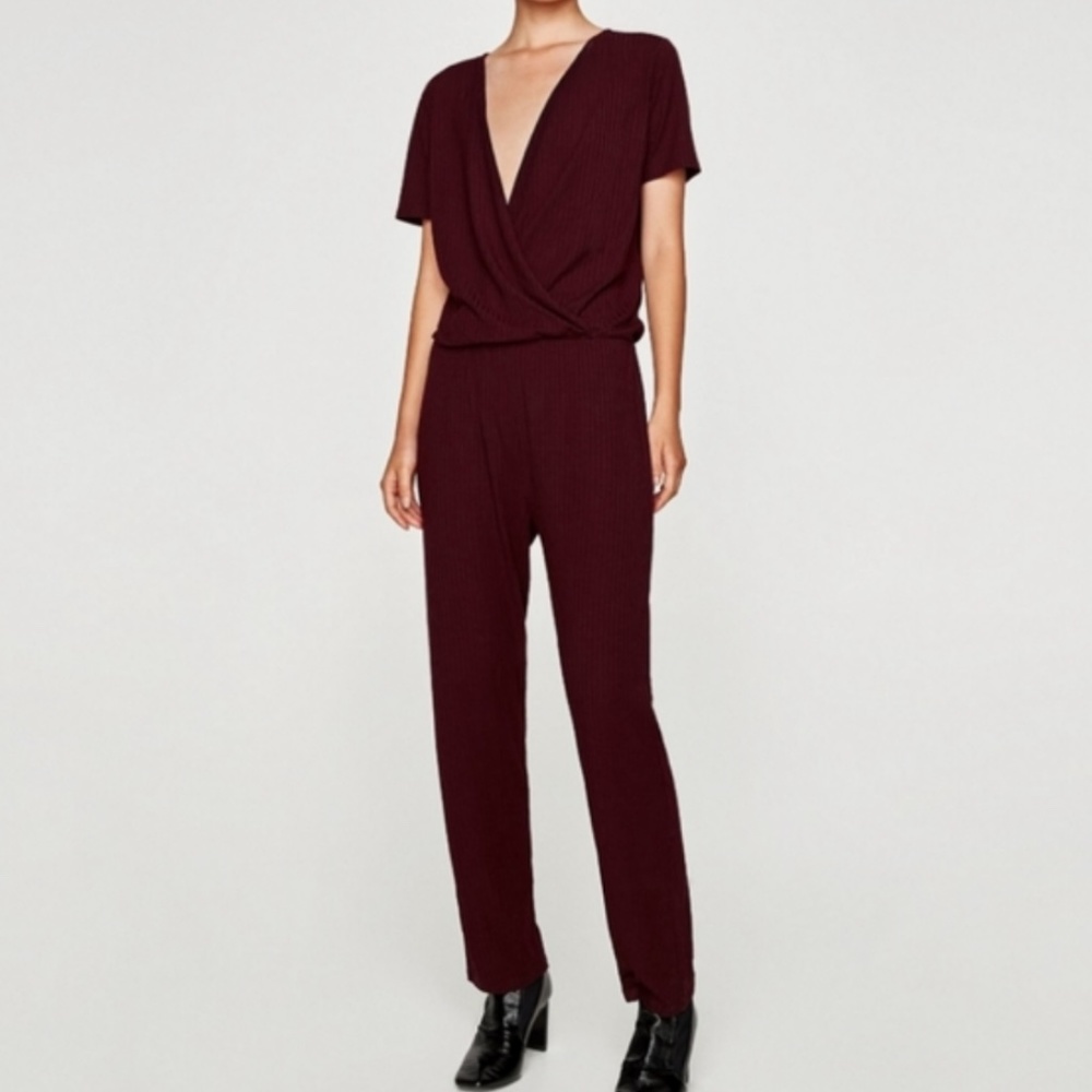 Zara Ribbed Knitted Burgundy Jumpsuit SMALL